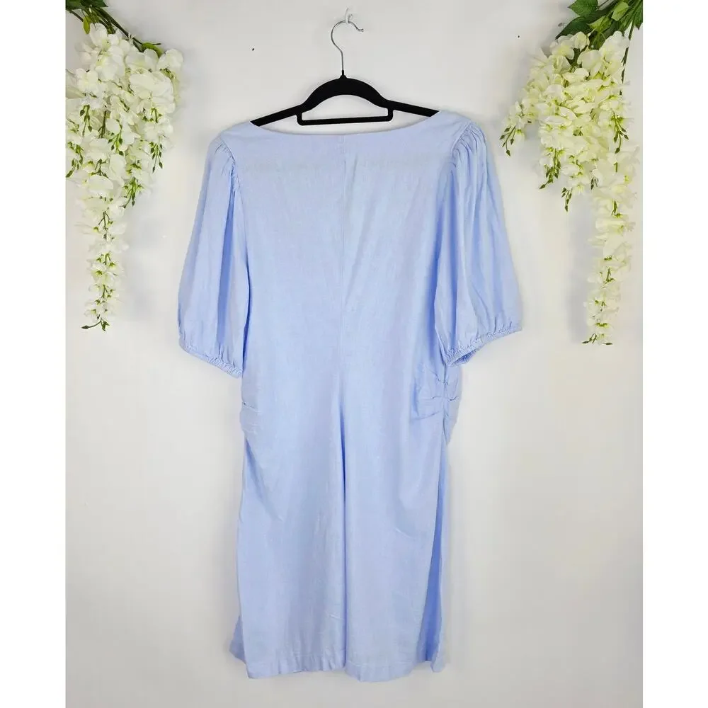 A New Day Mini Linen Dress Size 16 Light Blue Puff Sleeve Cottage Coastal Beach
